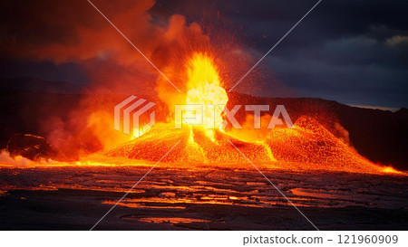 熔岩從地下噴湧而出的景象 121960909