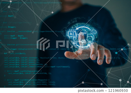 man touch ai auto chat bot. Big data center storage.Digital Artificial Intelligence technology disruption concept. We are implementing storage technology support and service in the business. 121960930