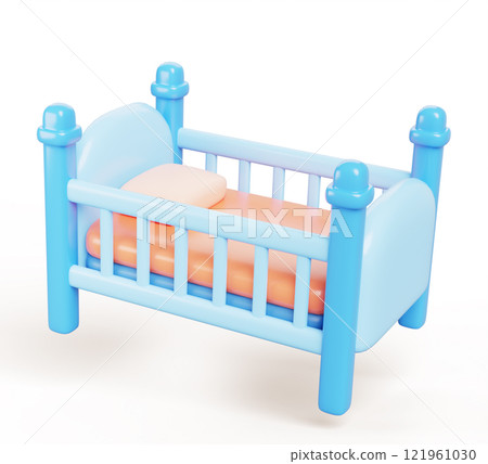 Baby crib 3d render icon. Blue boy infant bed with mattress, pillow and bedding. Isolated cute newborn sleep cot, wooden furniture for nursery room interior. Cartoon toddler element. 3D illustration 121961030