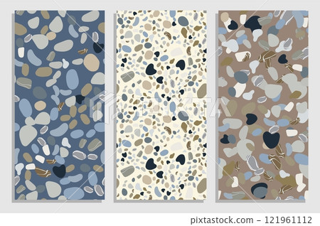 Set of vertical flyers with surface strewn with multi colored sea stones pebbles. Templates for invitation, banners, brochures print. Vector on white and red background Set of vertical flyers with surface strewn with multi colored sea stones pebbles. Templates for invitation, banners, brochures print. Vector on white and red background 121961112