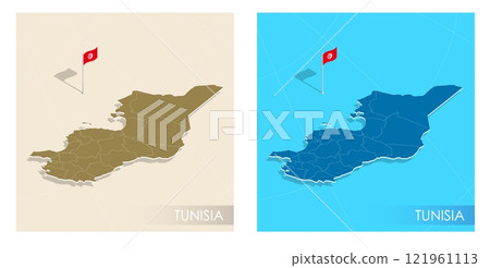 Tunisia country flag installed on geographic positioning map point of country territory. Tunisian commonwealth banner on land and sea. Festive patriotic HD format template for independence day Tunisia country flag installed on geographic positioning map point of country territory. Tunisian commonwealth banner on land and sea. Festive patriotic HD format template for independence day 121961113