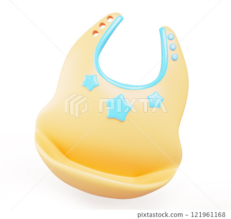 3d silicone feeding bib for newborn baby render icon. Cartoon yellow drooler with pocket and blue stars, protect clothes from food. Children nursing accessory, isolated design element. 3D illustration 121961168