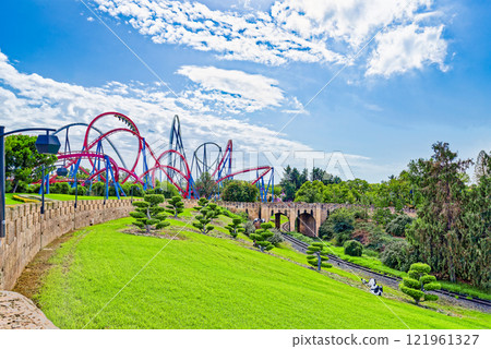 Beautiful landscape of humid tropical jungle amusement park. 121961327