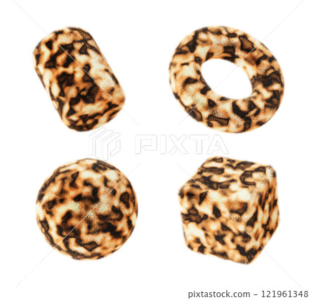 Fluffy geometric 3d shapes with leopard skin texture with spots. Fuzzy ball, cube, cylinder, torus with cheetah fur render icon set. Furry figures with wild african cat textile print. 3D illustration Fluffy geometric 3d shapes with leopard skin texture with spots. Fuzzy ball, cube, cylinder, torus with cheetah fur render icon set. Furry figures with wild african cat textile print. 3D illustration 121961348
