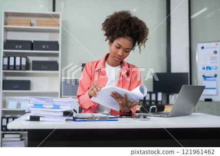 Businesswoman analyzing business enterprise data management, business analytics with charts, Marketing, Financial, Analyst, Business growth chart. 121961462