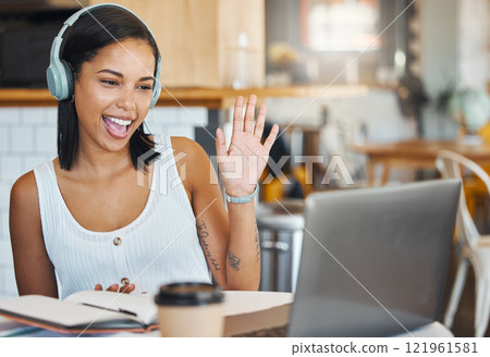 Laptop webinar, workshop training and meeting on online zoom call in cafe, restaurant or coffee shop. Remote student or woman waving and greeting on video conference and education presentation class 121961581