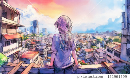 A girl looking down on a ruined city A girl looking down on a ruined city 121961599