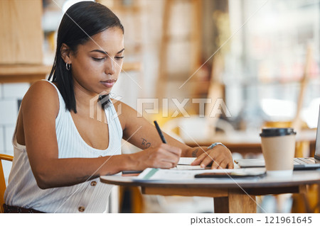Small business owner, startup entrepreneur or cafe store manager writing notes, working on strategy or planning in a coffee shop. Professional, finance and budget businesswoman filling out papers. Small business owner, startup entrepreneur or cafe store manager writing notes, working on strategy or planning in a coffee shop. Professional, finance and budget businesswoman filling out papers. 121961645