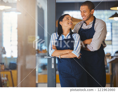 Small business owner, startup couple standing in coffee shop, cafe or store happy with business dream or entrepreneur development. Manager CEO man and woman with a vision, confidence and success 121961660