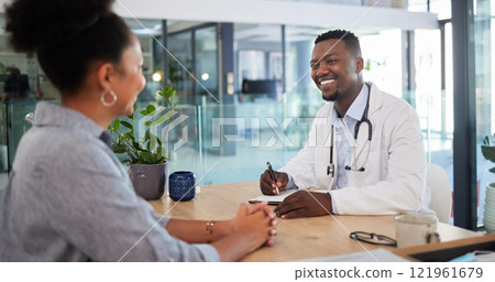 Doctors appointment of a woman patient consulting a doctor in a hospital office. Happy working medical and healthcare worker work with a smile talking about insurance, wellness and health success 121961679