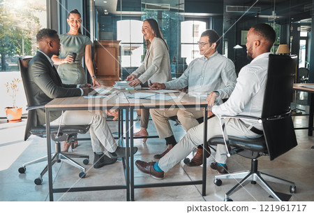 Business meeting in a boardroom of colleagues talking and planning company growth strategy together. Group or team of diverse and happy employees having a discussion in a modern office Business meeting in a boardroom of colleagues talking and planning company growth strategy together. Group or team of diverse and happy employees having a discussion in a modern office 121961717