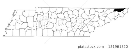 Map of Sullivan County in Tennessee state on white background. single County map highlighted by black colour on Tennessee map. UNITED STATES, US. 121961820