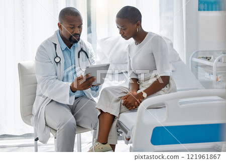 Doctor consulting patient with digital tablet, discussing diagnosis and medical checkup in hospital. Healthcare worker and trusted physician in appointment with medicine advice, wellness and feedback 121961867