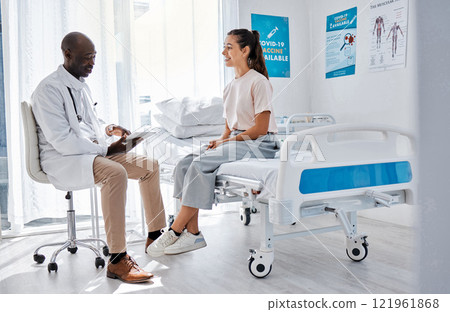 Doctor consulting, explaining diagnosis and medical checkup on digital tablet with patient in a clinic. Healthcare worker and physician in appointment with medicine advice, wellness and test feedback 121961868