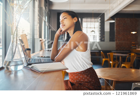 Thinking, idea and planning woman, writer or entrepreneur with a laptop and notebook dreaming of career growth, development and future plans. Freelancer at a coffee shop for internet blog inspiration 121961869