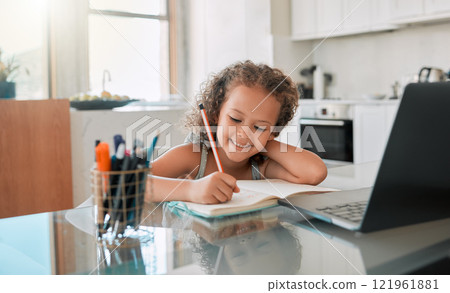 Homework, education and student online learning writing and drawing in her kindergarten school notebook at home. Smile, happy and creative girl studying, fun and working on laptop via house internet Homework, education and student online learning writing and drawing in her kindergarten school notebook at home. Smile, happy and creative girl studying, fun and working on laptop via house internet 121961881