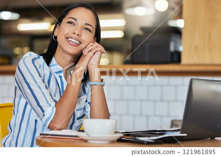 Thinking coffee shop manager or cafe entrepreneur with menu vision ideas, planning innovation and preparing schedule. Woman in restaurant dreaming of success and calculating startup finance on laptop 121961895