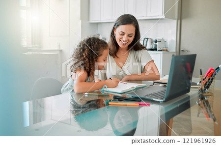 Mother helping her girl with writing her homework of a happy family house in her creative kids notebook. Mom, education and smart school student studying and distance learning with her young parent 121961926