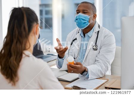 Covid healthcare, mental health and medicine doctor talking with a listening patient in medicare, hospital office visit or clinic. GP checkup, diagnosis or health insurance for depression medication Covid healthcare, mental health and medicine doctor talking with a listening patient in medicare, hospital office visit or clinic. GP checkup, diagnosis or health insurance for depression medication 121961977