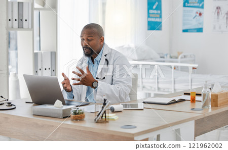 Virtual healthcare consulting, medical video call and online help for checkup, test and advice from a trusted doctor, friendly gp and physician. Hospital worker talking on internet with technology 121962002