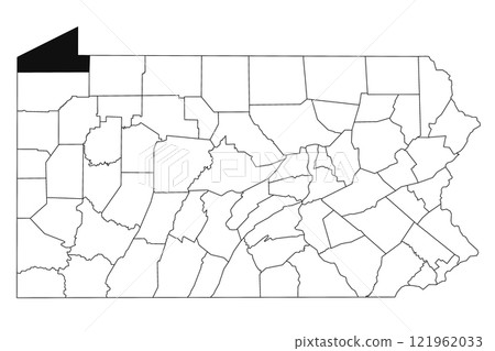 Map of Erie County in Pennsylvania state on white background. single County map highlighted by black colour on Pennsylvania map. UNITED STATES, US Map of Erie County in Pennsylvania state on white background. single County map highlighted by black colour on Pennsylvania map. UNITED STATES, US 121962033