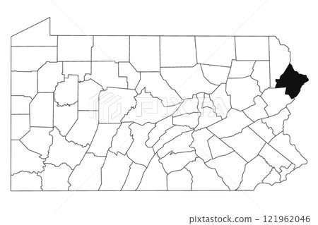 Map of pike County in Pennsylvania state on white background. single County map highlighted by black colour on Pennsylvania map. UNITED STATES, US 121962046
