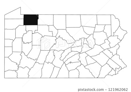 Map of Warren County in Pennsylvania state on white background. single County map highlighted by black colour on Pennsylvania map. UNITED STATES, US 121962062
