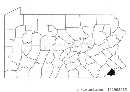 Map of Delaware County in Pennsylvania state on white background. single County map highlighted by black colour on Pennsylvania map. UNITED STATES, US 121962085