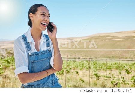 Grape farm, vineyard and farmer on phone call with happy smile for good news or online success in countryside or agriculture industry. Sustainable female on cellphone making small business investment Grape farm, vineyard and farmer on phone call with happy smile for good news or online success in countryside or agriculture industry. Sustainable female on cellphone making small business investment 121962154