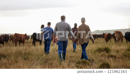 Farm, countryside and family with cows on agriculture grass field in nature. Farmer mother, dad and kids with grandparents and cattle or sustainable animals for dairy, beef or meat industry. Farm, countryside and family with cows on agriculture grass field in nature. Farmer mother, dad and kids with grandparents and cattle or sustainable animals for dairy, beef or meat industry. 121962163