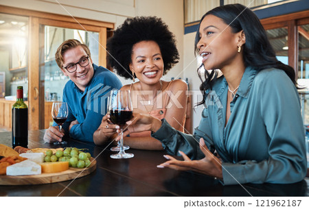 Wine party, friends and happy birthday global luxury party with healthy organic fruit with cheese on a food table. Smile, diversity and young world people in discussion at a relaxed dining event 121962187