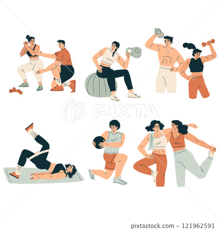Sport with Man and Woman Character Engaged in Physical Activity Vector Set 121962591