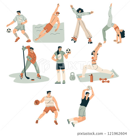Sport with Man and Woman Character Engaged in Physical Activity Vector Set 121962604