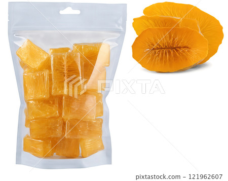 Dried Jackfruit (Artocarpus heterophyllus) Dried jackfruit pieces in clear plastic packaging. The yellow chunks retain their chewy texture and sweet 121962607
