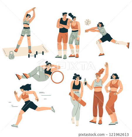 Sport with Man and Woman Character Engaged in Physical Activity Vector Set Sport with Man and Woman Character Engaged in Physical Activity Vector Set 121962613
