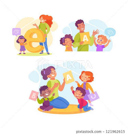 Speech with Teacher Explaining Alphabet to Little Boy and Girl Vector Illustration Set Speech with Teacher Explaining Alphabet to Little Boy and Girl Vector Illustration Set 121962615