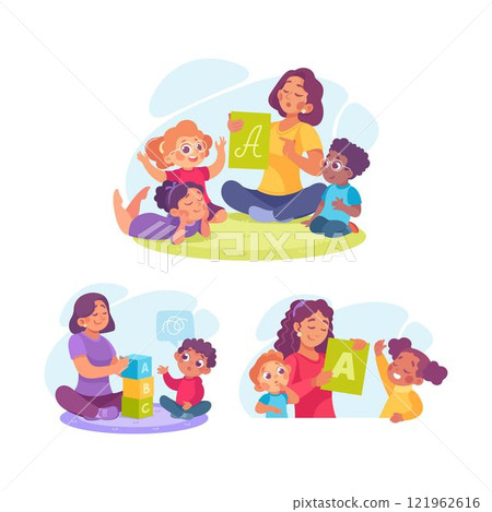 Speech with Teacher Explaining Alphabet to Little Boy and Girl Vector Illustration Set Speech with Teacher Explaining Alphabet to Little Boy and Girl Vector Illustration Set 121962616