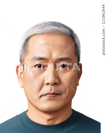 Asian man aged 40-50 years old, wearing casual clothes, looking neutral without glasses, with buzz cut and gray hair. 121962644