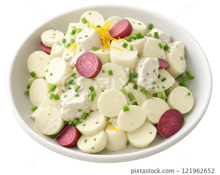 Red Potato Salad Boiled red potatoes mixed with green onions, mayonnaise, and a touch of mustard. The potatoes are tender, 121962652