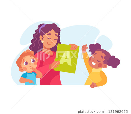 Speech with Teacher Explaining Alphabet to Little Boy and Girl Vector Illustration 121962653