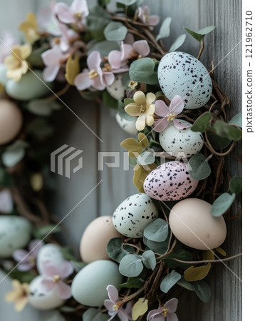Rustic Easter wreath with speckled eggs and pastel blossoms for spring decor 121962710