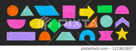 Color pencil texture figure set. Hand drawn sketch doodle crayon texture brush kid geometric shape circle, triangle, square pastel background. Childish crayon pencil figure vector Color pencil texture figure set. Hand drawn sketch doodle crayon texture brush kid geometric shape circle, triangle, square pastel background. Childish crayon pencil figure vector 121962807