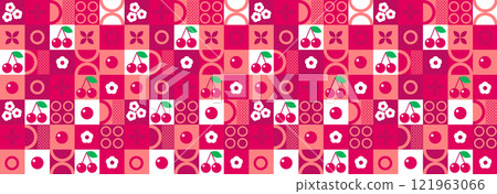 Cherry abstract geometric pattern in minimalism style. Natural organic plant and berry shapes, eco-farming. Designer fabric, card, wrapping paper, cover. 121963066