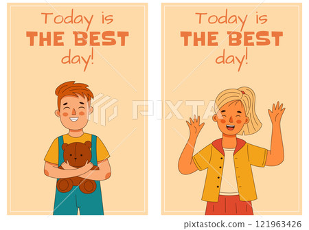 A small set of cards featuring joyful children boy and girl, with the message Today is the best day 121963426
