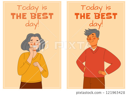 A small set of cards featuring a happy elderly woman and man, with the message Today is the best day ever 121963428