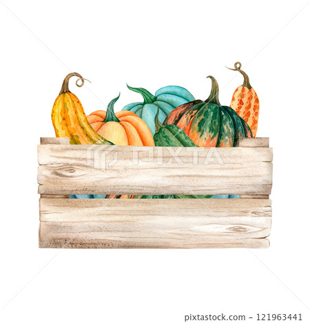 Watercolor wooden box with orange and green pumpkins. Hand drawing rustic illustration Isolated for design, invitations, greeting cards, decorations and more Watercolor wooden box with orange and green pumpkins. Hand drawing rustic illustration Isolated for design, invitations, greeting cards, decorations and more 121963441