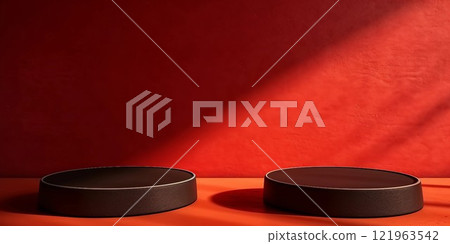 Abstract horizontal banner with two black round exhibition stands and a floor on a red background. AI generated image 121963542