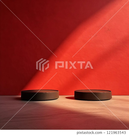 Abstract square banner with two black round exhibition stands and floor on a red background. AI generated image 121963543