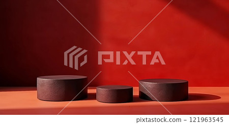 Abstract horizontal banner with three black round exhibition stands and floor on a red background. AI generated image 121963545