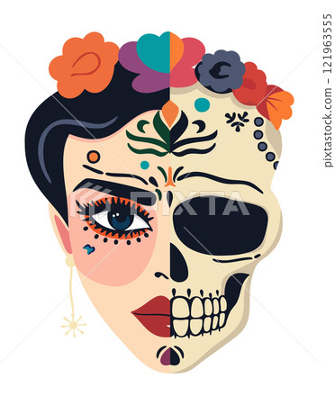 Catrina head. Female sugar skull. Female face on one side and skull jn another. Mexican Day of the Dead. Cinco de Mayo. Vector isolated illustration 121963555